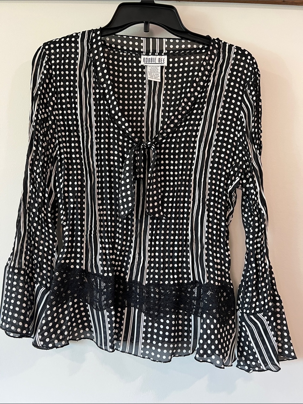 Robbie Bee - Black & White Polka Dot Tie-Front Blouse with Lace Trim